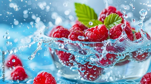 Fresh raspberries splashing in water bowl on blue background