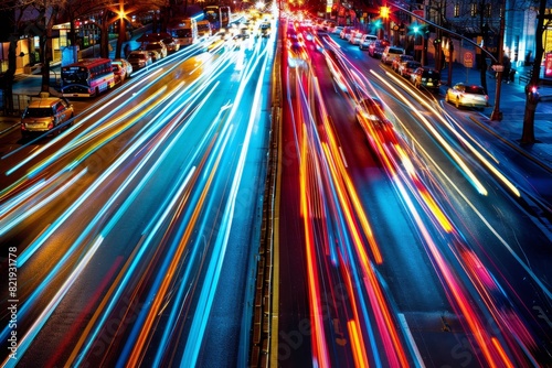 A dynamic scene of a city street at night, filled with lots of traffic creating streaks of light from moving vehicles © Ilia Nesolenyi