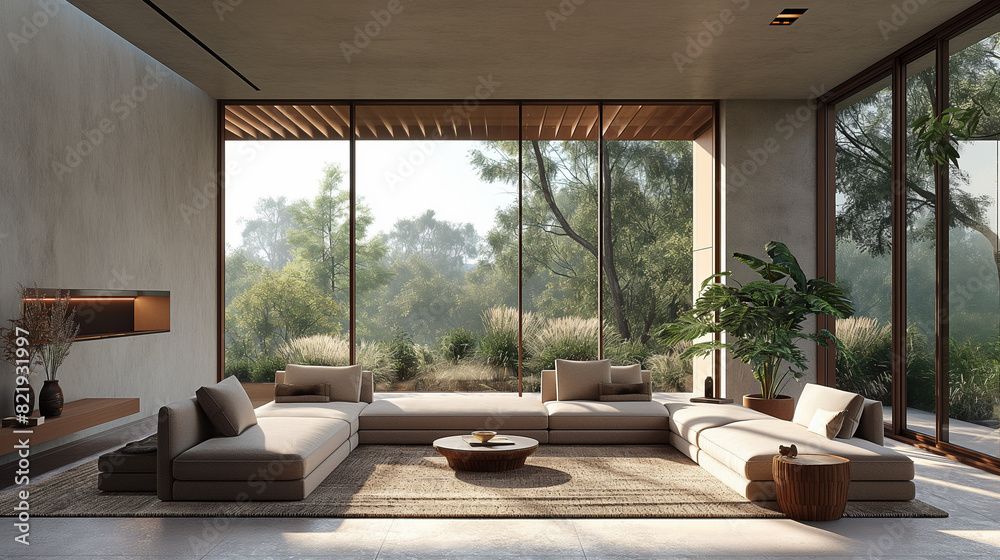 Fototapeta premium Interior Scene and Mockup,Modern-style living room, white L-shaped sofa, yellow armchair, marble leg center table, wooden top.