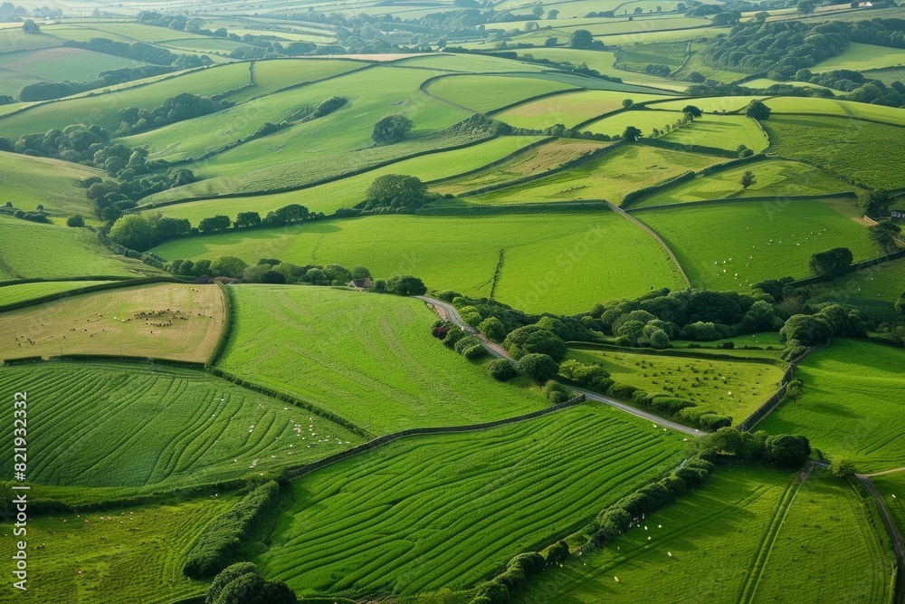 High-altitude panoramic view of green fields in rural Wales, showcasing the lush landscape of the countryside