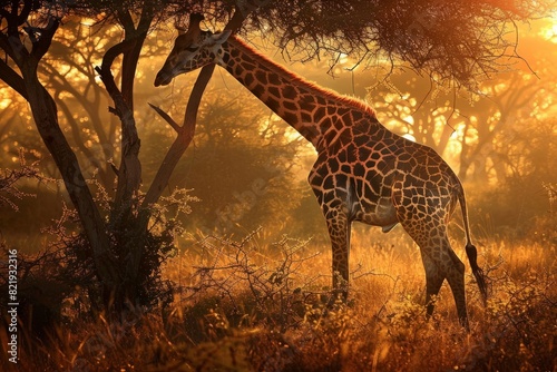 A giraffe standing tall in a field next to a tree in the African savanna