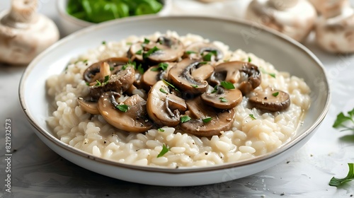 Tempting bowl of creamy mushroom risotto served on a white ceramic dish, showcasing the rich flavors and creamy texture of this Italian comfort food. photo