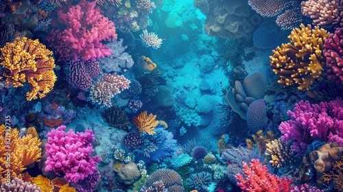 Fototapeta Naklejka Na Ścianę i Meble -  A top view of a vibrant coral reef with colorful marine life and crystal-clear water, providing a breathtaking underwater scene
