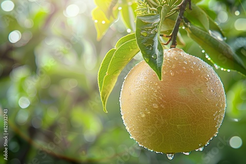Ripe orange pomelo fruit hanging from a tree branch with water droplets on it photo