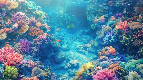 A top view of a vibrant coral reef with colorful marine life and crystal-clear water, providing a breathtaking underwater scene © ULTRAWORKS