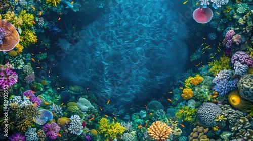 A top view of a vibrant coral reef with colorful marine life and crystal-clear water, providing a breathtaking underwater scene