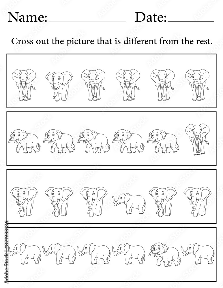 Elephant Puzzle. Printable Activity Page for Kids. Educational Resources for School for Kids. Kids Activity Worksheet. Find the Different Object Elephant Puzzle. Printable Activity Page for Kids. Educational Resources for School for Kids. Kids Activity Worksheet. Find the Different Object