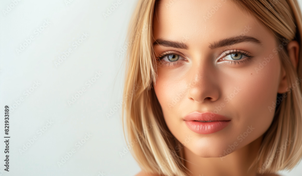 Close-up portrait of a young woman with blonde hair on a white background. Studio beauty photography. Skincare and natural beauty concept Close-up portrait of a young woman with blonde hair on a white background. Studio beauty photography. Skincare and natural beauty concept