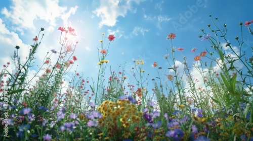 A field of blooming wildflowers under a bright blue sky, with butterflies and bees buzzing around © ULTRAWORKS
