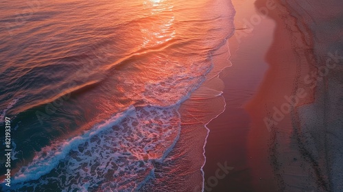 A serene beach at sunset with warm orange and pink hues reflecting off the water