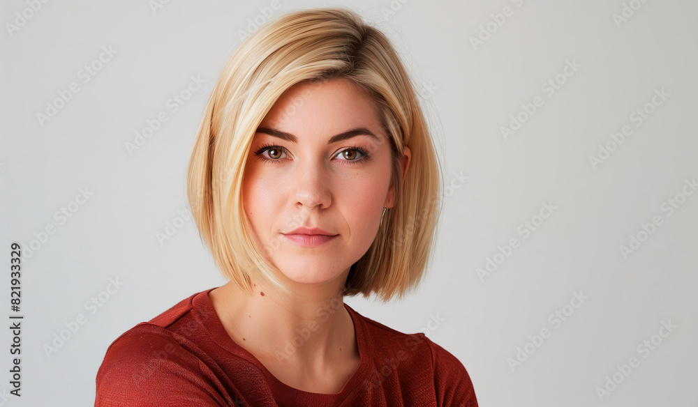 Close-up portrait of a young woman with blonde hair wearing a red top on a light background. Studio beauty photography. Skincare and natural beauty concept. Design for print and advertisement Close-up portrait of a young woman with blonde hair wearing a red top on a light background. Studio beauty photography. Skincare and natural beauty concept. Design for print and advertisement