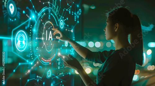 Businesswoman clicking IA hologram on display. Business office center with Artificial intelligence. Database, big data and information technology.