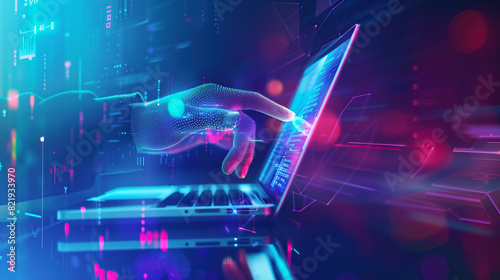 Hand of unrecognizable person working with laptop computer in business center. Data processing office with executive office staff. Displays showing statistics, graphs, customers, shipping.AI