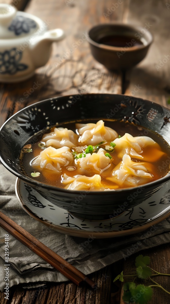 A bowl of Chinese wonton soup with a cup of puerh tea A bowl of Chinese wonton soup with a cup of puerh tea