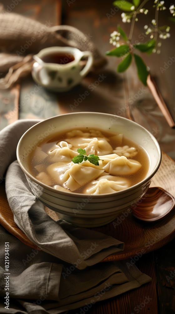 A bowl of Chinese wonton soup with a cup of puerh tea A bowl of Chinese wonton soup with a cup of puerh tea
