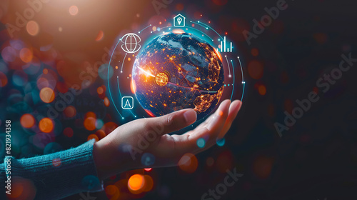 Hand of unrecognizable person with a floating earth globe hologram. Business office center. Concept : Artificial Intelligence, database, big data, information, technology, communication, shipping.