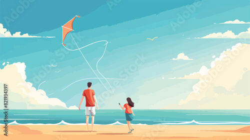 Happy young couple flying kite near sea Vector style