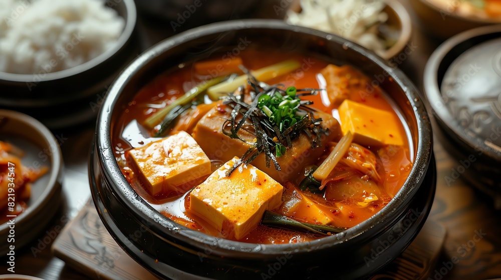 A steaming bowl of kimchi jjigae, a traditional Korean stew made with kimchi, pork, and tofu. The jjigae is served with a side of rice and kimchi. A steaming bowl of kimchi jjigae, a traditional Korean stew made with kimchi, pork, and tofu. The jjigae is served with a side of rice and kimchi.