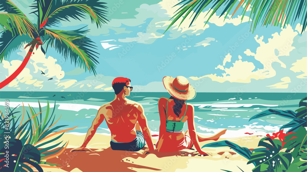 Happy young couple resting on sea beach Vector style