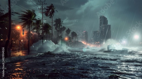 A hurricane making landfall on a coastal city  with powerful winds bending palm trees and torrential rain flooding the streets  while waves crash violently against the shore
