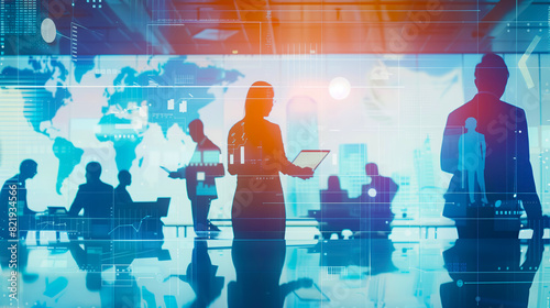 Business center. Data processing office with executive office staff. Displays showing statistics, graphs, customers, shipping. Silhouettes of coworkers. AI