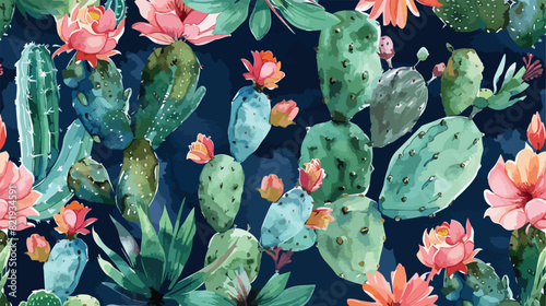 Seamless background watercolor cacti hand drawn flower