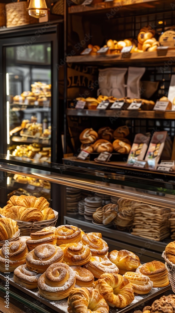 A bustling Argentine bakery featuring freshly baked medialunas and alfajores, with a lively, urban atmosphere