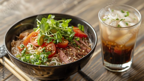 Pho, a traditional Vietnamese noodle soup, with fresh vegetables, herbs, and a side of soda.