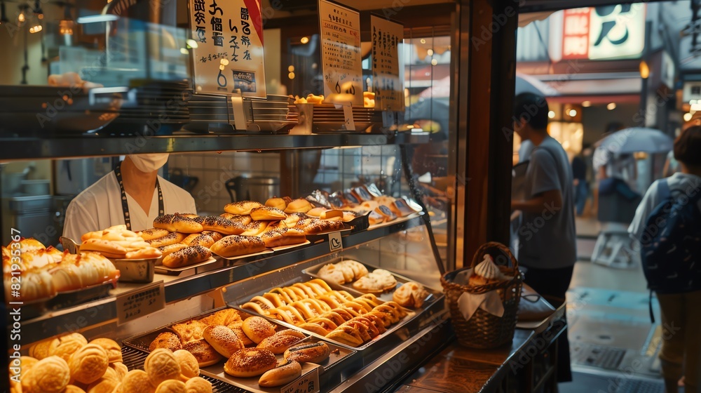 A bustling Japanese bakery featuring freshly baked melonpan and taiyaki, with a lively street scene visible through the window