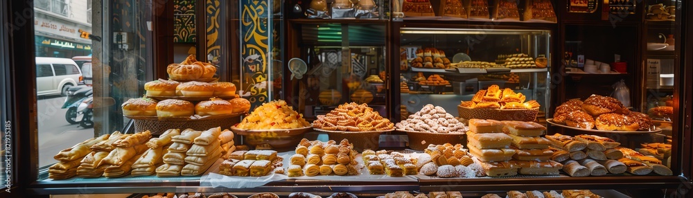 A bustling Egyptian bakery with an assortment of basbousa and baklava, with a lively market scene visible through the window