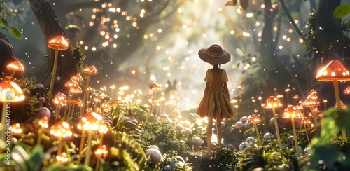 Fantasy graphic illustration of a tiny girl wearing a wide brim hat standing in a forest and looking at orange glowing gigantic mushrooms at night. photo