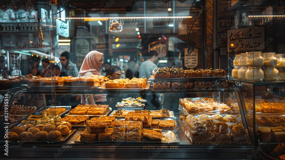 A bustling Lebanese bakery with a variety of baklava and maamoul, with a vibrant market scene visible through the window