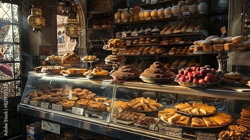 A bustling Moroccan bakery with an assortment of traditional pastries and sweets, with a vibrant market scene visible through the window