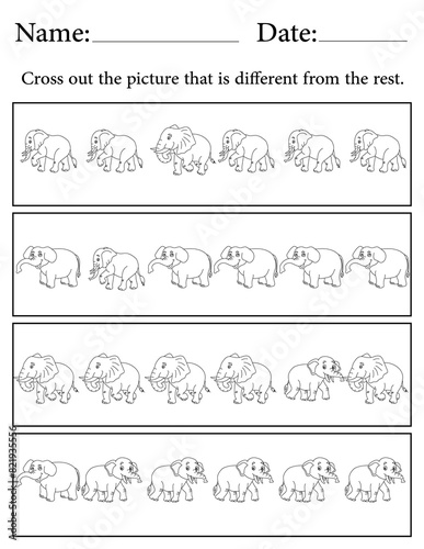 Elephant Puzzle. Printable Activity Page for Kids. Educational Resources for School for Kids. Kids Activity Worksheet. Find the Different Object