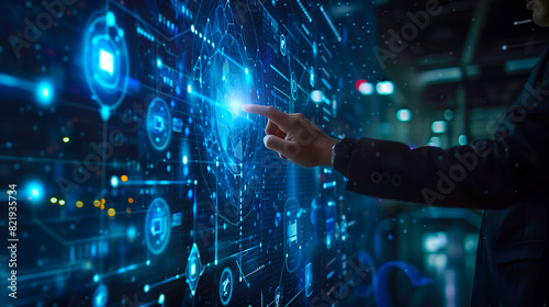 Unrecognizable business person clicking hologram on projection screen. Business center and business office. database, big data, information technology.