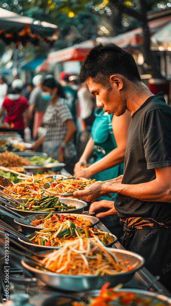 A bustling Thai street food scene with a vendor serving boat noodles, with colorful ingredients and busy marketgoers in the background A bustling Thai street food scene with a vendor serving boat noodles, with colorful ingredients and busy marketgoers in the background