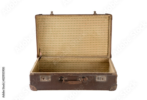 Old open brown worn out empty suitcase isolated on white background with clipping path © Jakub Krechowicz