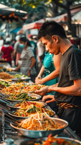 A bustling Thai street food scene with a vendor serving boat noodles, with colorful ingredients and busy marketgoers in the background