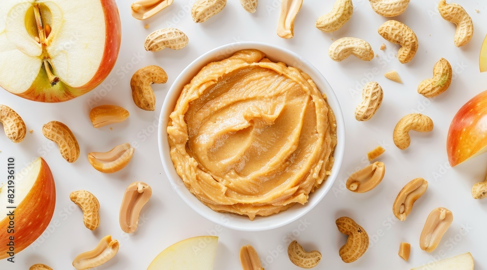 Peanut butter and apple slices on a white background Peanut butter and apple slices on a white background