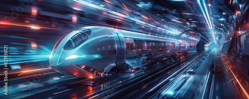 Inventor with a patent for a new kind of magnetic levitation train, dynamic action scene, progressive, sleek metallics and vibrant highlights, digital painting photo