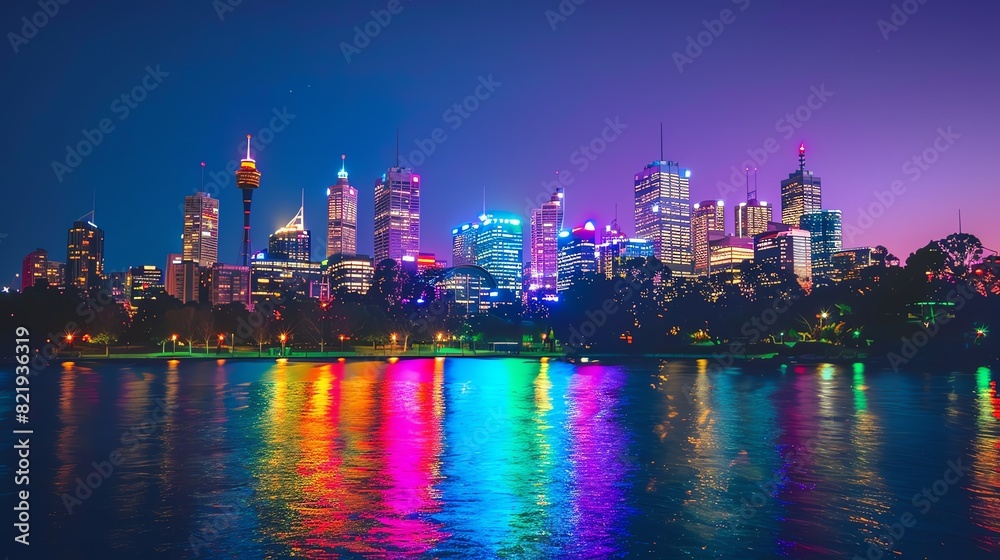A city skyline lit up with rainbow colors in the evening, celebrating Pride Month