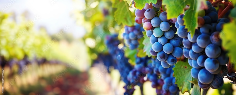 Close-up of blue grape cluster hanging on blurred Row of vineyards background. Grape farm. Plantation of grown fruits for juice, wine production. Ripe grape vine bunches on branch with leaves. Sunset. Close-up of blue grape cluster hanging on blurred Row of vineyards background. Grape farm. Plantation of grown fruits for juice, wine production. Ripe grape vine bunches on branch with leaves. Sunset.