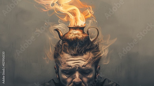 Drawing of the head of a sad man with boiling kettles on his head. Concept of physical and mental overstrain photo