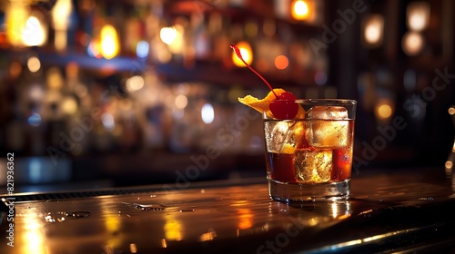 An old fashioned cocktail. The glass is sitting on a bar with a blurred background of bottles.