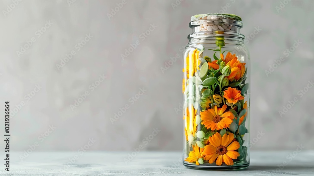 Glass jar with marigold and chamomile flowers on gray background. Concept of natural herbal medicine. Glass jar with marigold and chamomile flowers on gray background. Concept of natural herbal medicine.