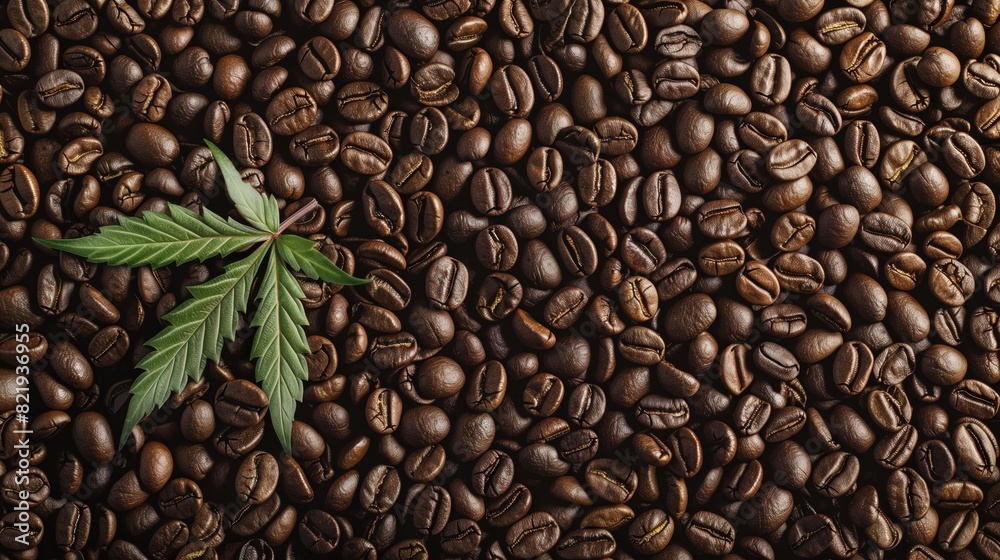 Fototapeta premium Cannabis Leaf on Roasted Coffee Beans Background