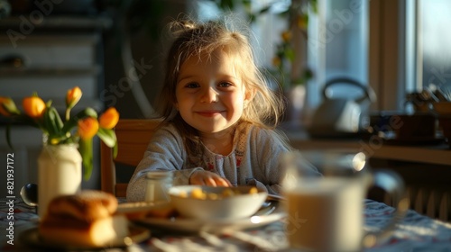 5 year old girl sitting happily at breakfast table enjoying morning sunshine