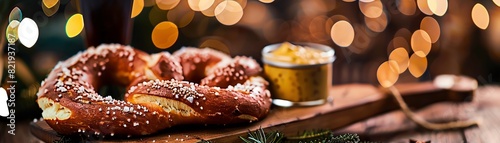 A closeup of a German pretzel with coarse salt, resting on a wooden board with a small pot of mustard, with a festive beer garden in the background photo