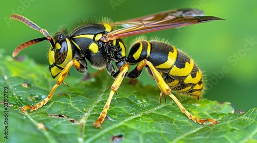 Wasp sitting on a leaf, displaying its distinct black and yellow stripes.
