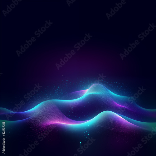 Abstract 3D glowing waves of digital particles. Technology background. AI, and big data and machine learning and digital concept background, designed for brochures, flyers, magazine, banner